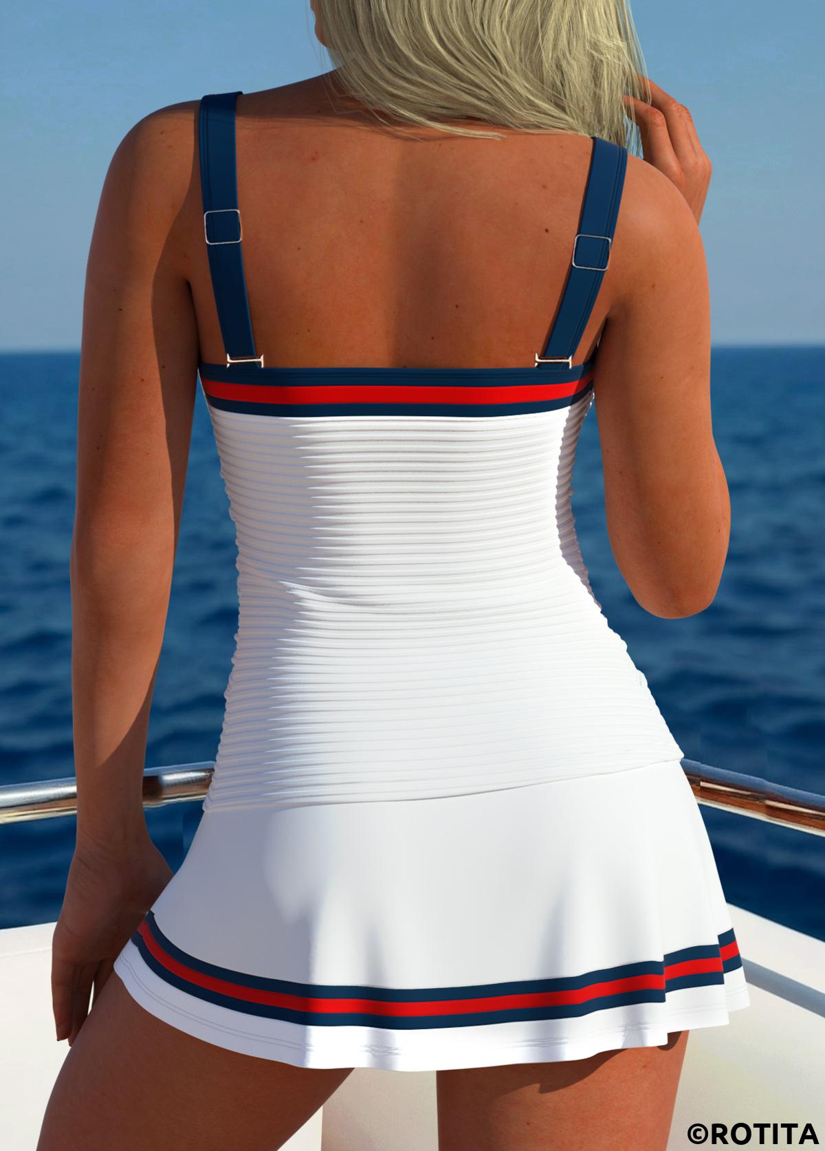 White swimwear,Striped swimwear,Geometric swimwear,ROTITA Contrast Piping White Striped High Waisted Tankini Set