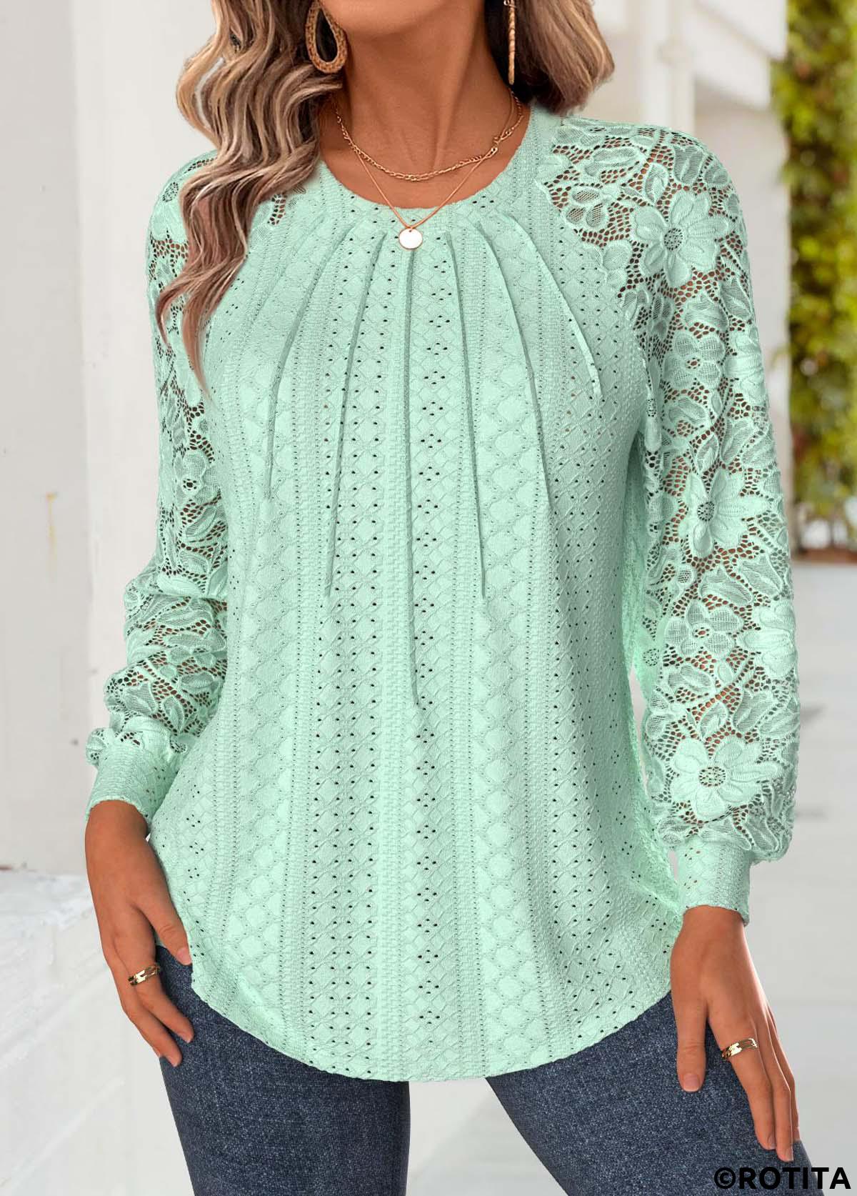 Light Green tops,Plain Color tops,ROTITA Tummy Coverage Light Green Round Neck T Shirt