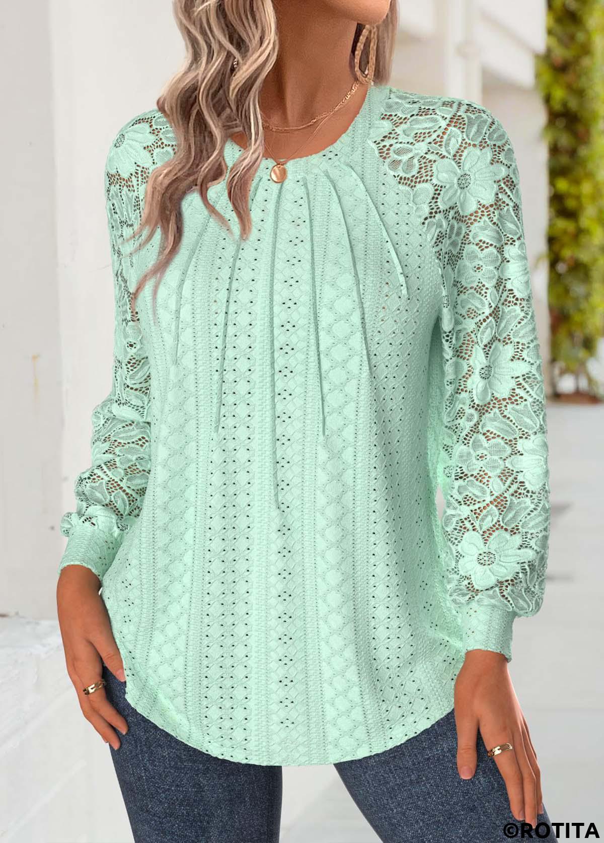 Light Green tops,Plain Color tops,ROTITA Tummy Coverage Light Green Round Neck T Shirt