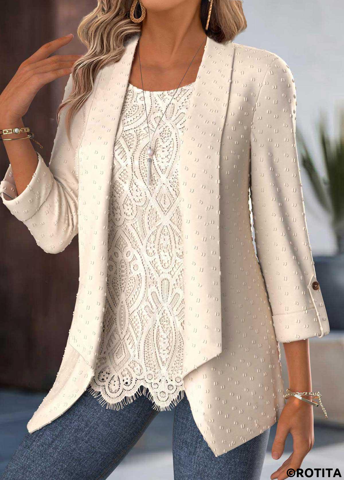 Beige tops,Plain Color tops,ROTITA Tummy Coverage Beige Square Neck Fake Two Piece Twinset