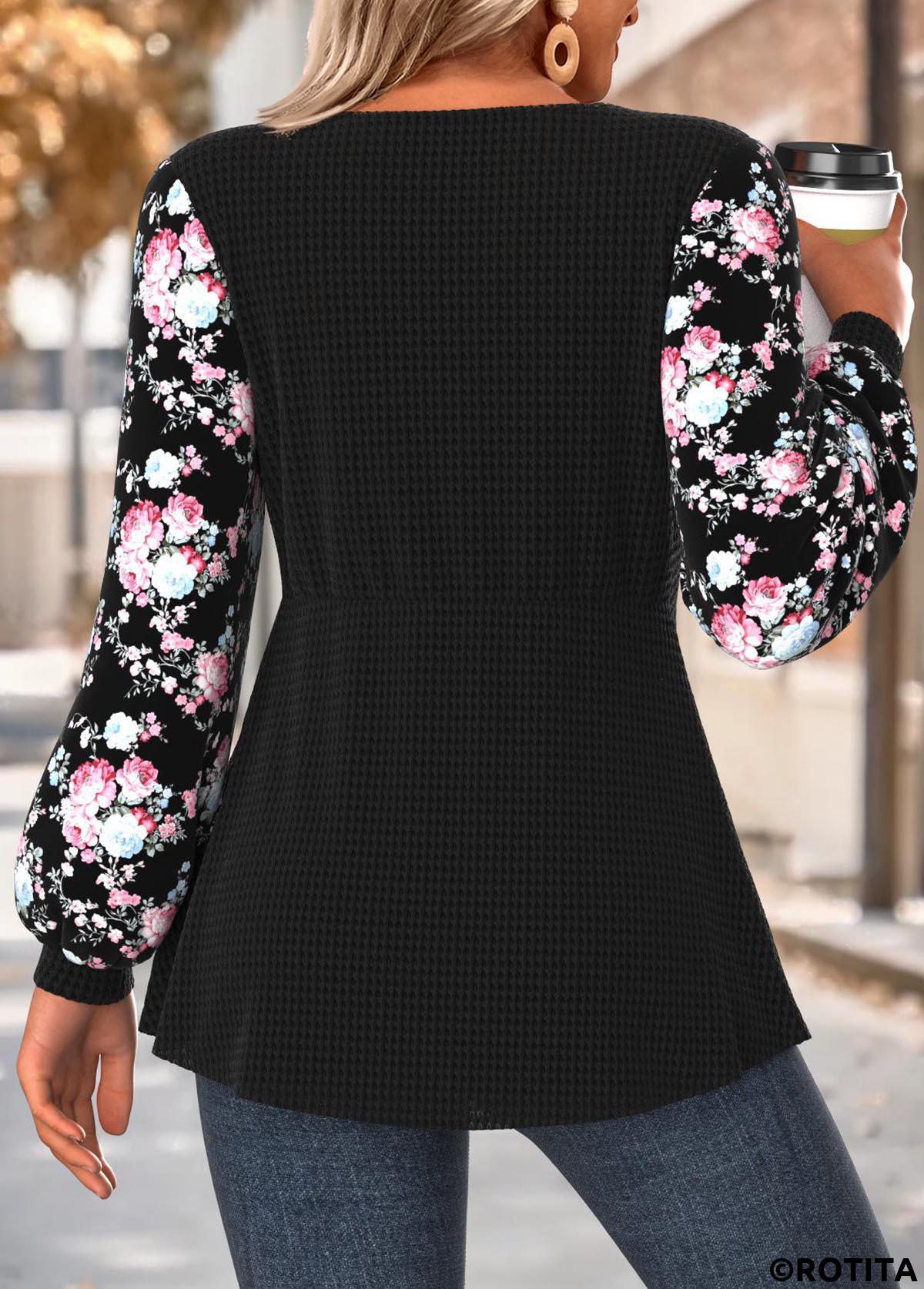 Black tops,Floral tops,Plants tops,ROTITA Tummy Coverage Floral Print Black Round Neck T Shirt