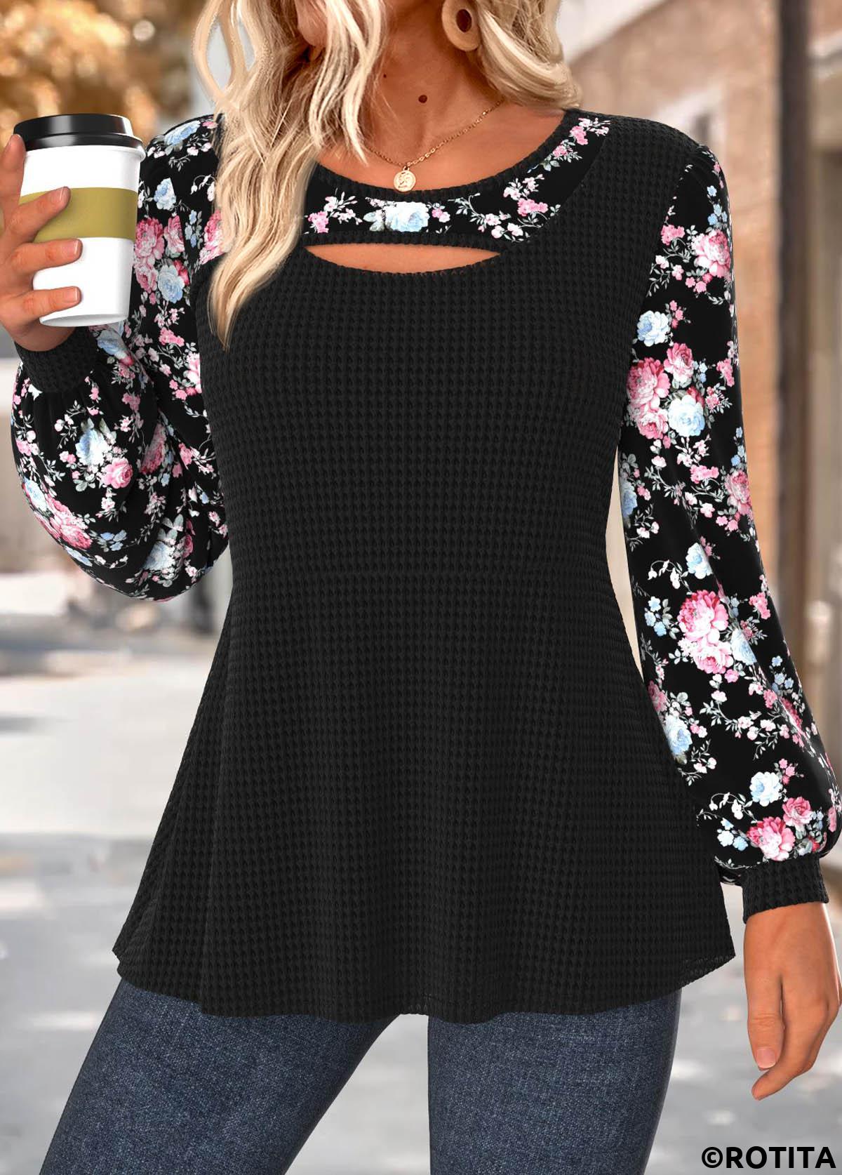 Black tops,Floral tops,Plants tops,ROTITA Tummy Coverage Floral Print Black Round Neck T Shirt