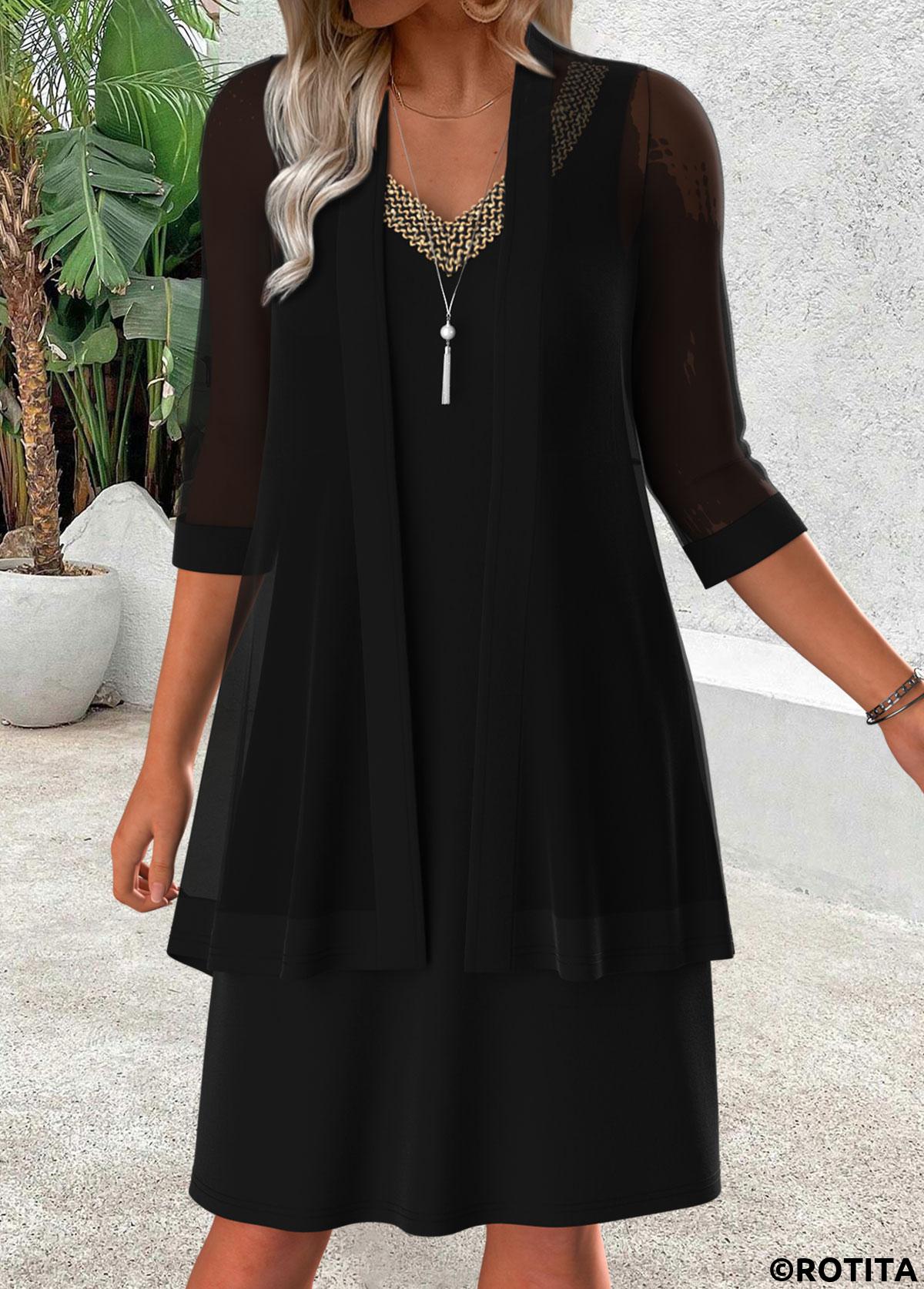 Black dresses,Plain Color dresses,Casual dresses,ROTITA Tummy Coverage Black V Neck Dress and Cardigan
