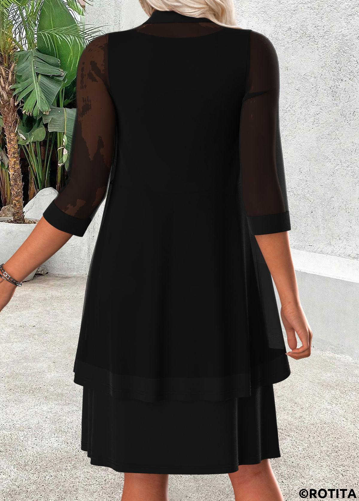 Black dresses,Plain Color dresses,Casual dresses,ROTITA Tummy Coverage Black V Neck Dress and Cardigan