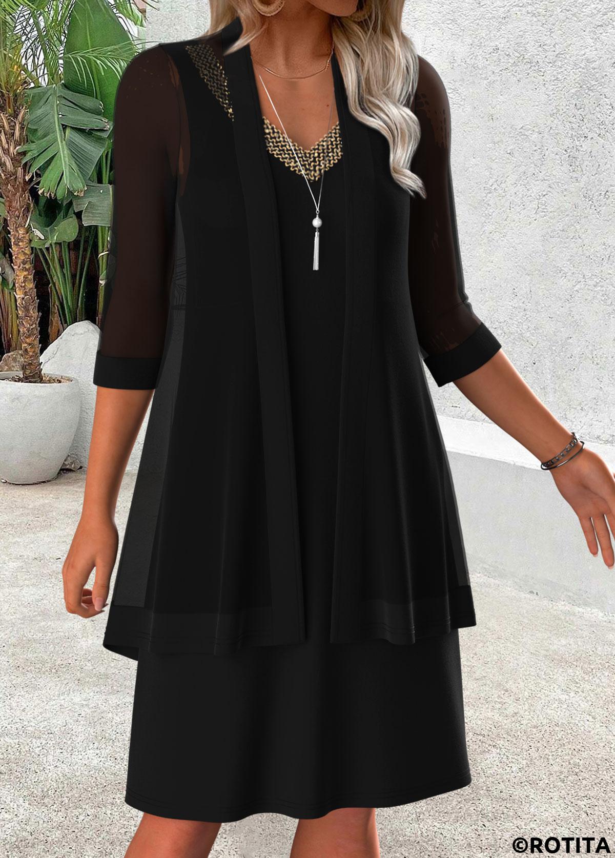 Black dresses,Plain Color dresses,Casual dresses,ROTITA Tummy Coverage Black V Neck Dress and Cardigan