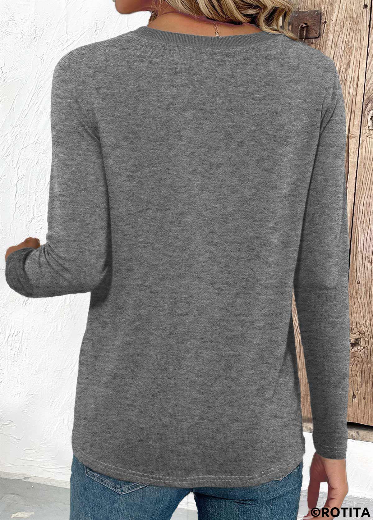 Grey tops,Plain Color tops,ROTITA Button Grey Round Neck Long Sleeve T Shirt