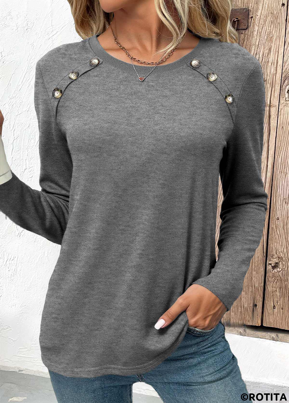 Grey tops,Plain Color tops,ROTITA Button Grey Round Neck Long Sleeve T Shirt