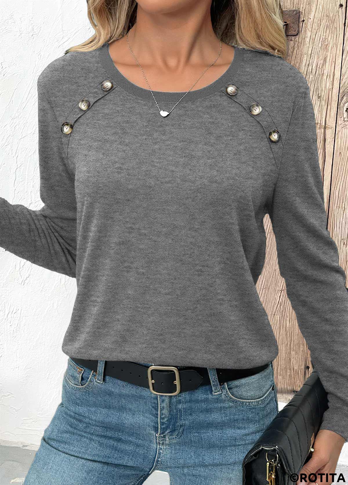 Grey tops,Plain Color tops,ROTITA Button Grey Round Neck Long Sleeve T Shirt