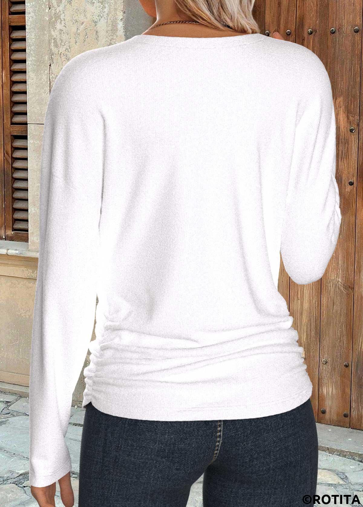 White tops,Plain Color tops,ROTITA Shirred White V Neck Long Sleeve T Shirt