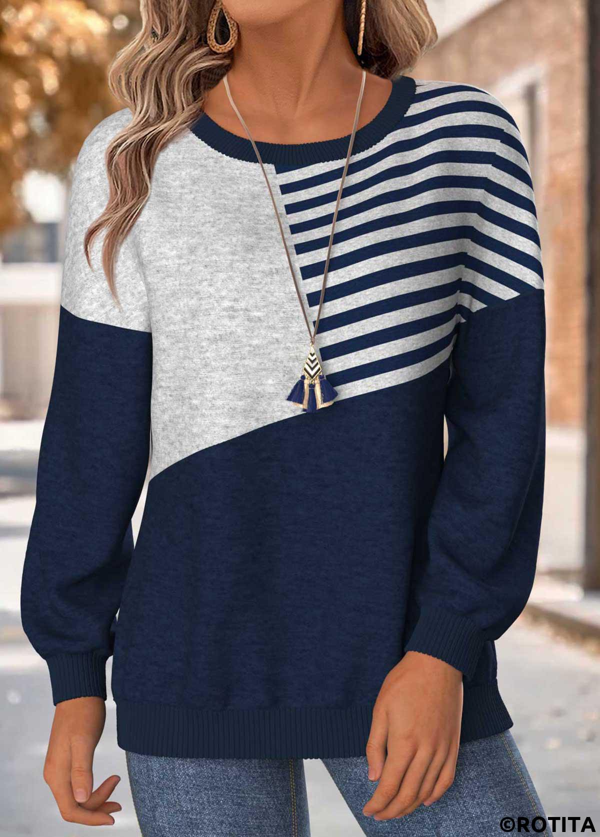 Navy tops,Striped tops,Geometric tops,ROTITA Tummy Coverage Striped Navy Round Neck Long Sleeve Sweatshirt