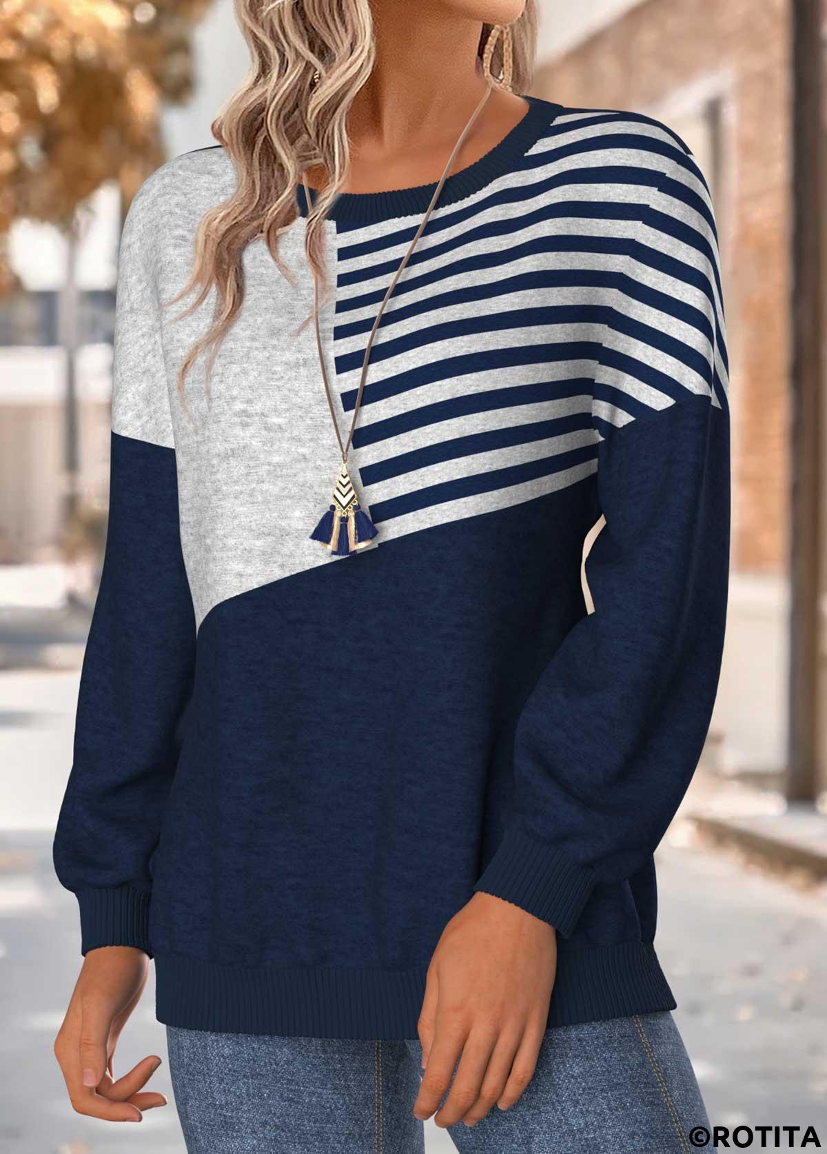Navy tops,Striped tops,Geometric tops,ROTITA Tummy Coverage Striped Navy Round Neck Long Sleeve Sweatshirt