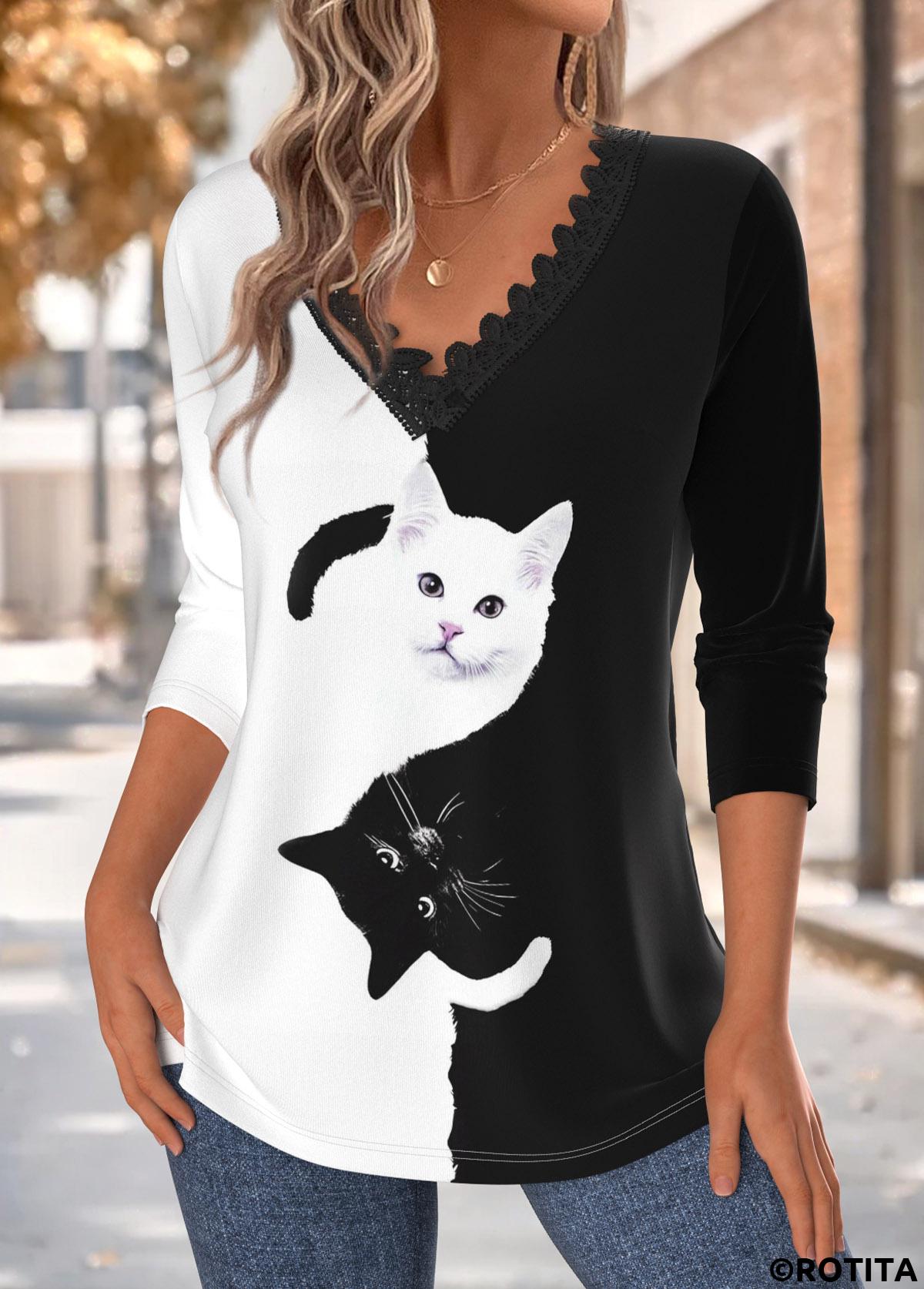 Black tops,Animal Print tops,ROTITA Tummy Coverage Animal Print Black V Neck T Shirt
