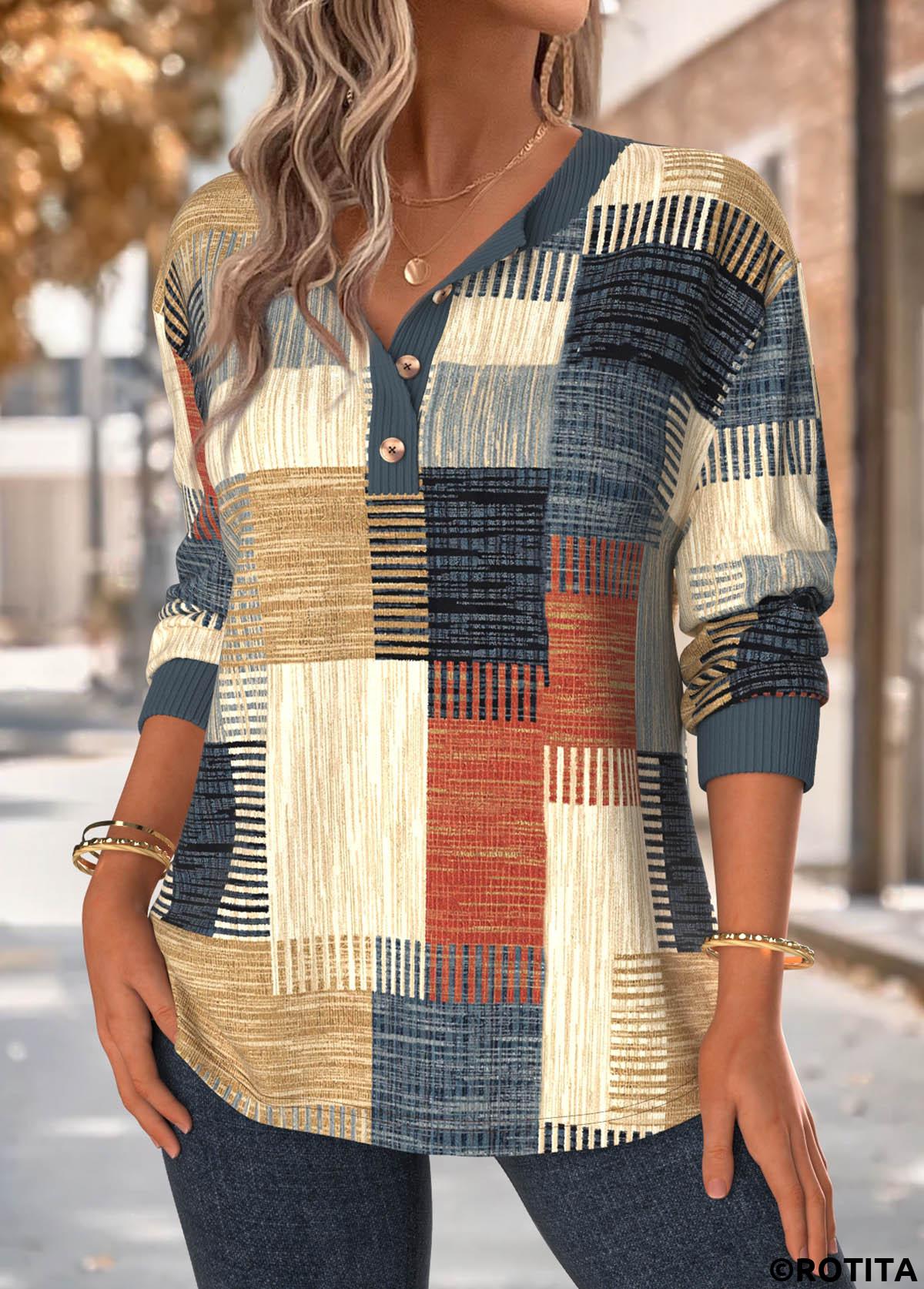 Multi Color tops,Geometric tops,ROTITA Tummy Coverage Geometric Print Multi Color Split Neck Sweatshirt