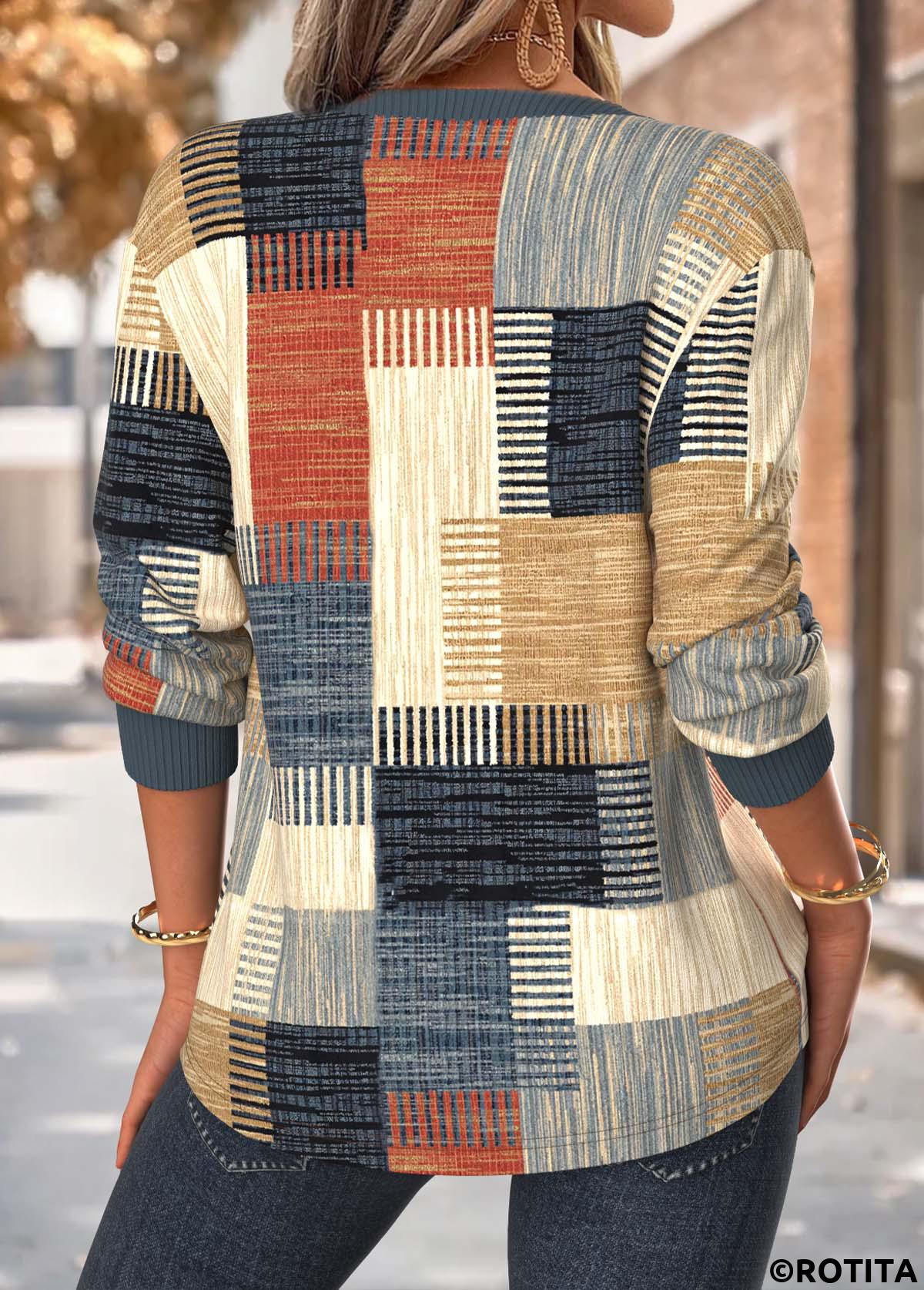 Multi Color tops,Geometric tops,ROTITA Tummy Coverage Geometric Print Multi Color Split Neck Sweatshirt