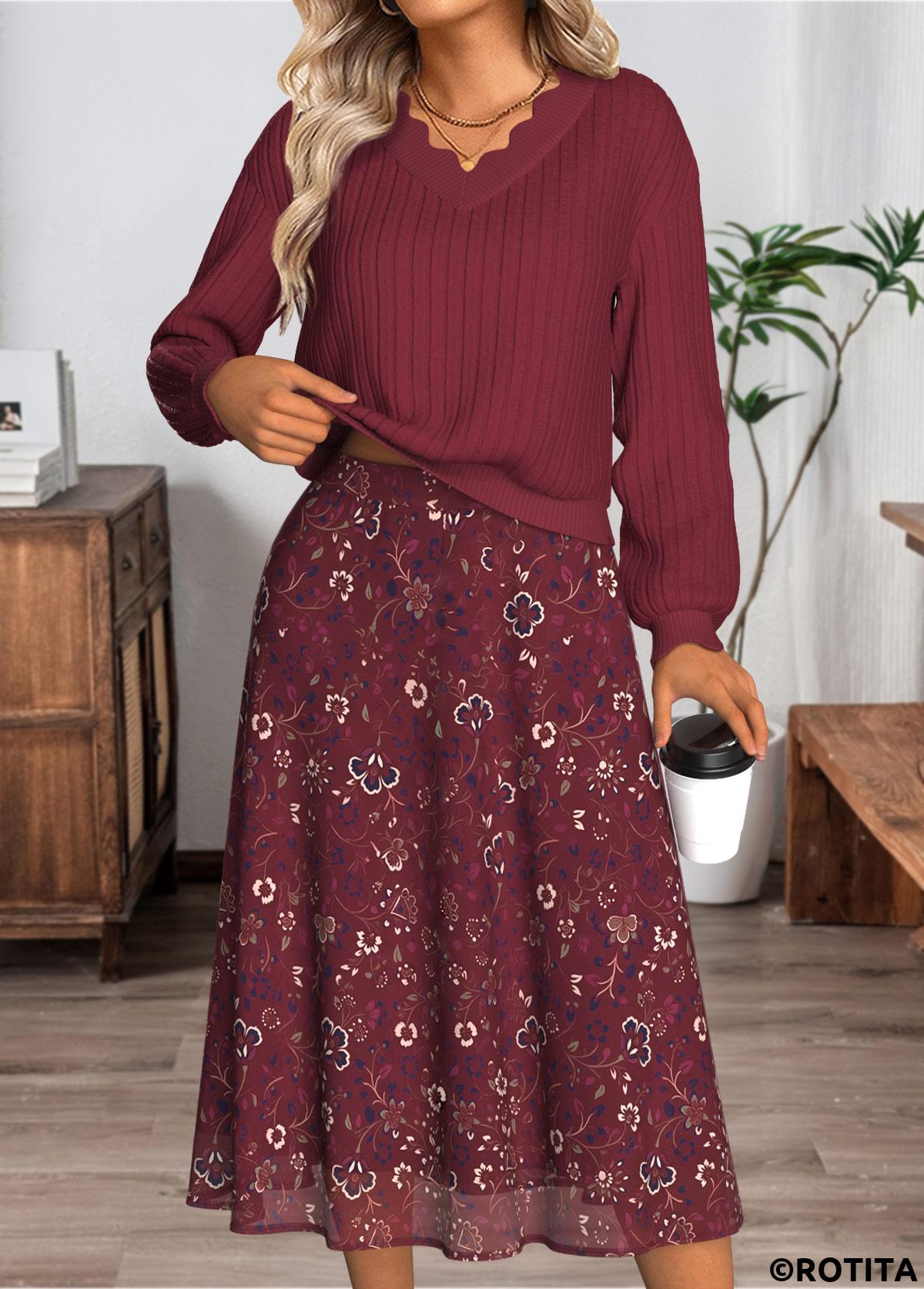 Wine Red dresses,Ditsy Floral dresses,Everyday dresses,Casual dresses,ROTITA Tummy Coverage Ditsy Floral Print Top and Skirt