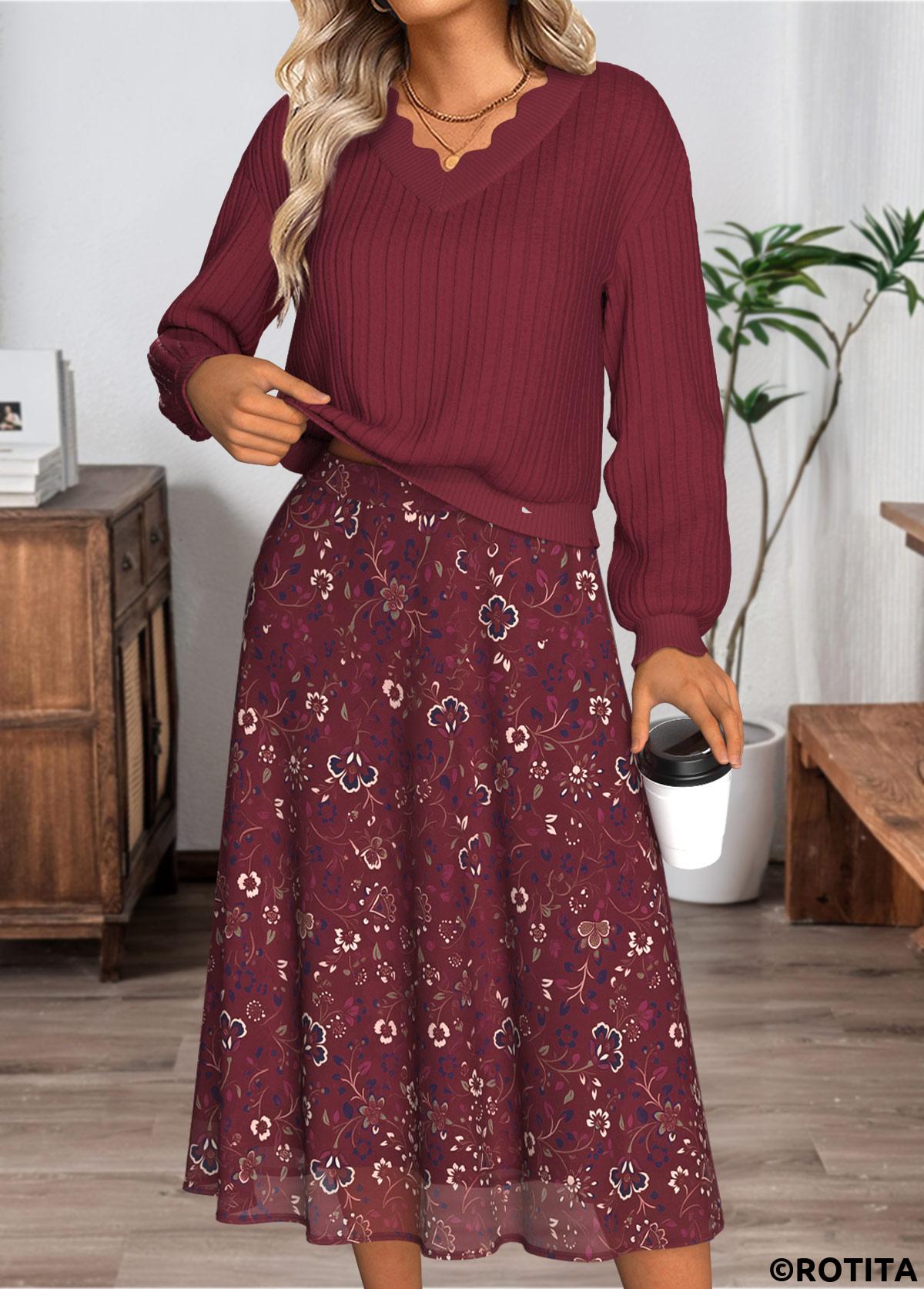 Wine Red dresses,Ditsy Floral dresses,Everyday dresses,Casual dresses,ROTITA Tummy Coverage Ditsy Floral Print Top and Skirt