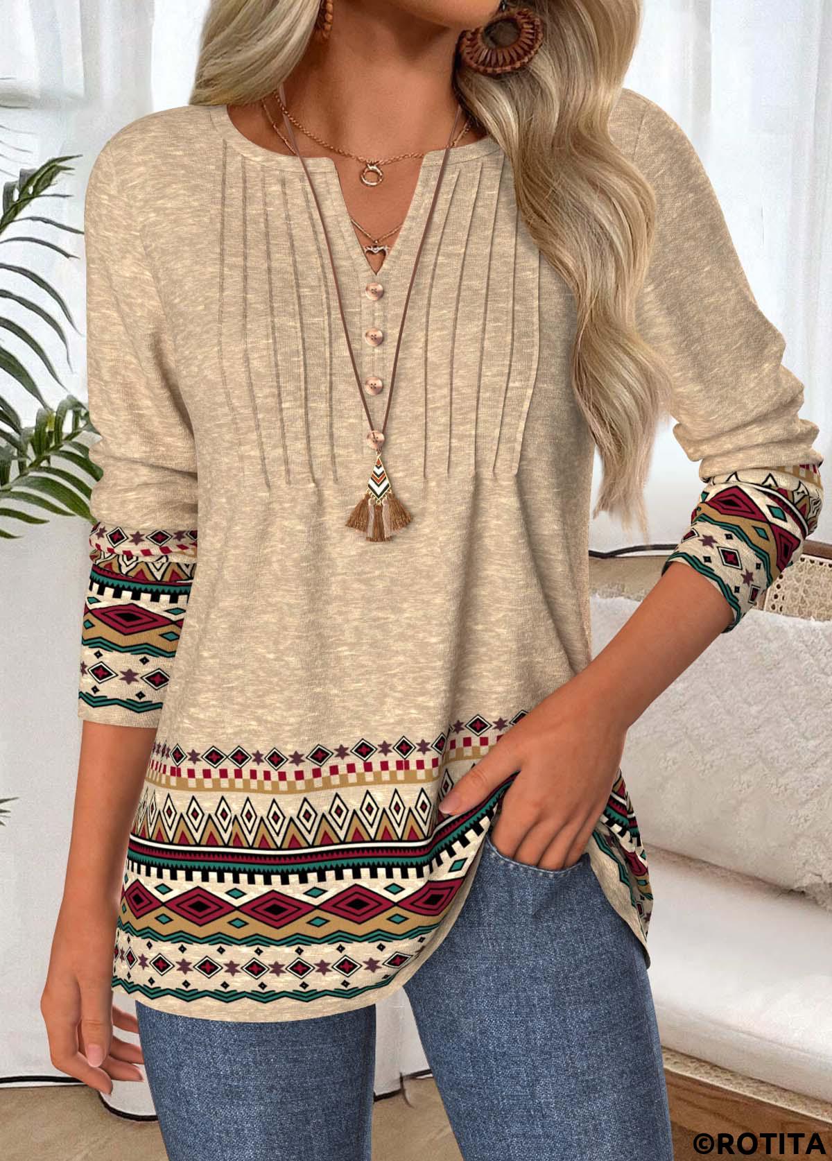 Light Camel tops,Tribal tops,ROTITA Tummy Coverage Tribal Print Light Camel T Shirt