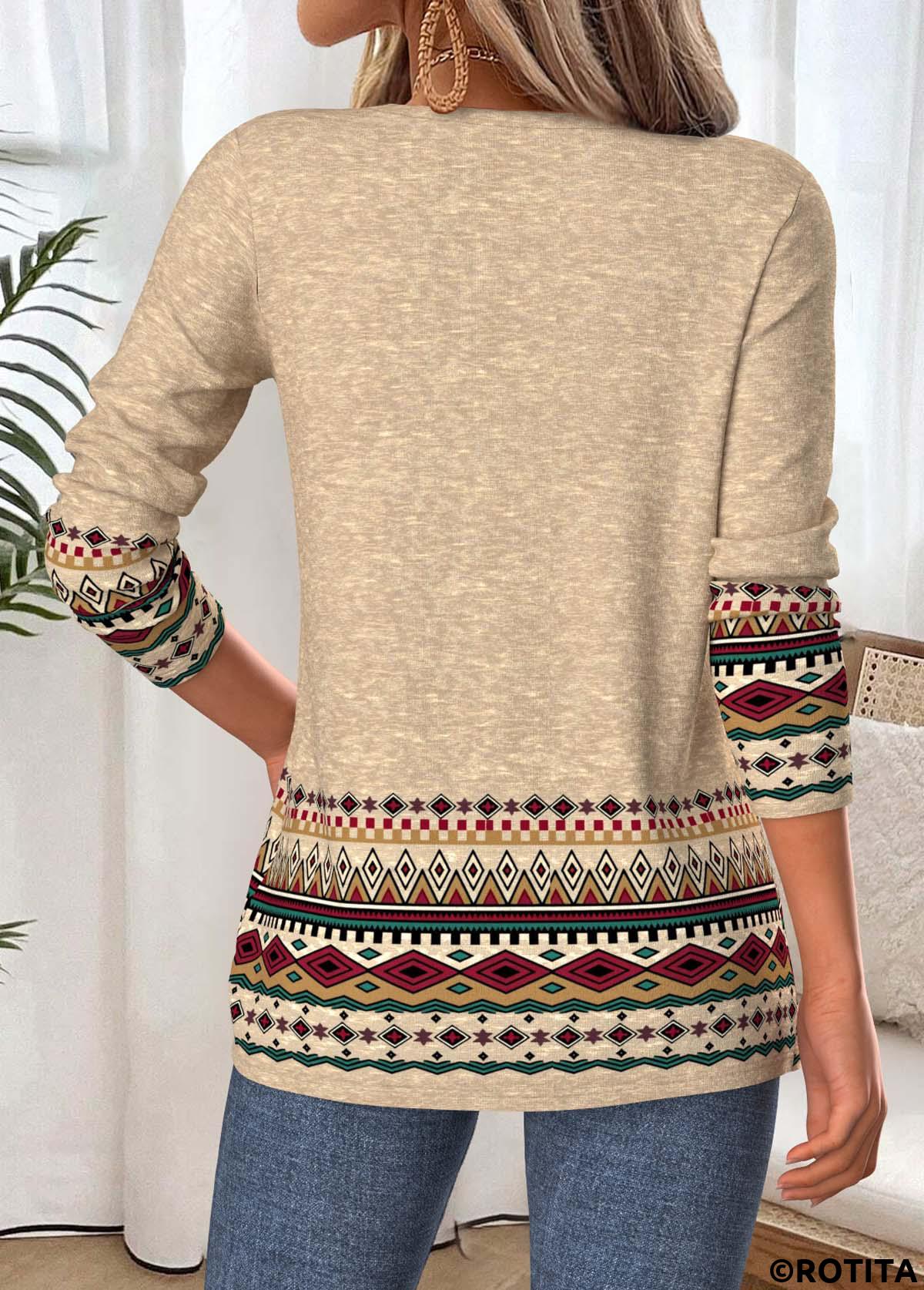 Light Camel tops,Tribal tops,ROTITA Tummy Coverage Tribal Print Light Camel T Shirt