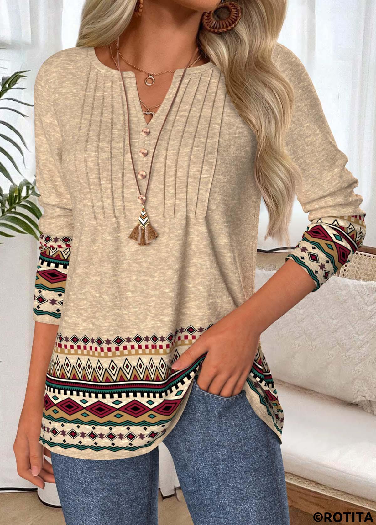 Light Camel tops,Tribal tops,ROTITA Tummy Coverage Tribal Print Light Camel T Shirt