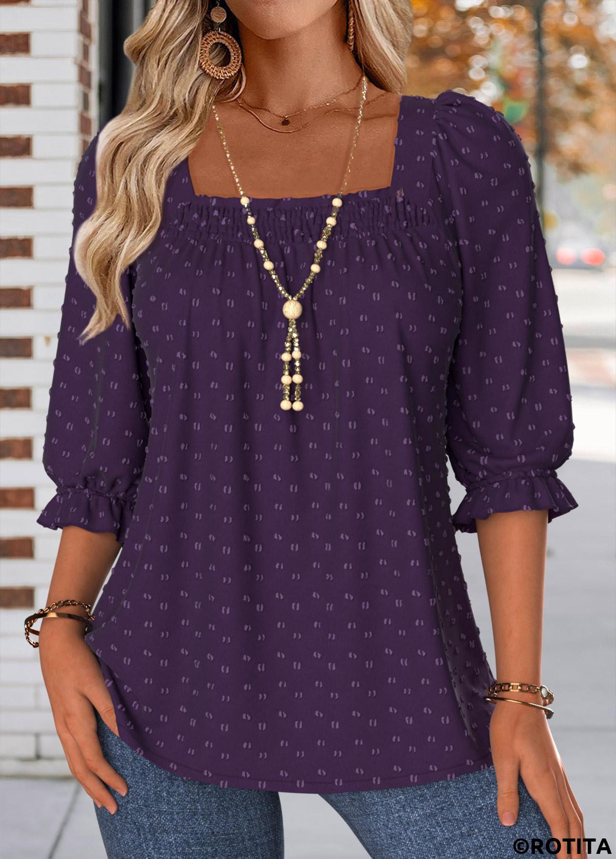 Purple tops,Plain Color tops,ROTITA Smocked Purple Square Neck Half Sleeve Blouse