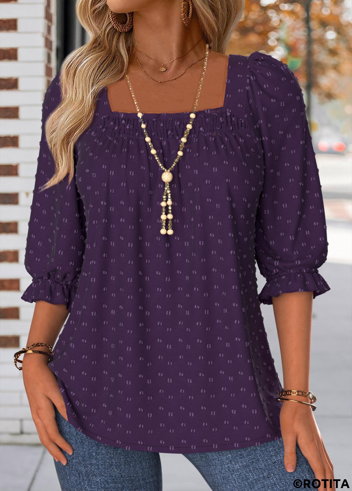 Purple tops,Plain Color tops,ROTITA Smocked Purple Square Neck Half Sleeve Blouse