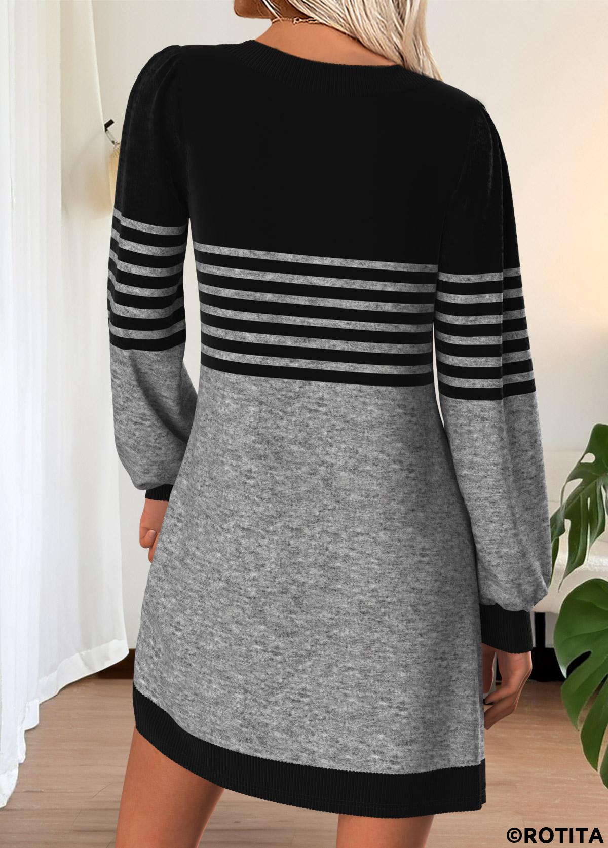 Grey dresses,Striped dresses,Geometric dresses,Everyday dresses,Casual dresses,ROTITA Tummy Coverage Striped Grey Short V Neck Dress