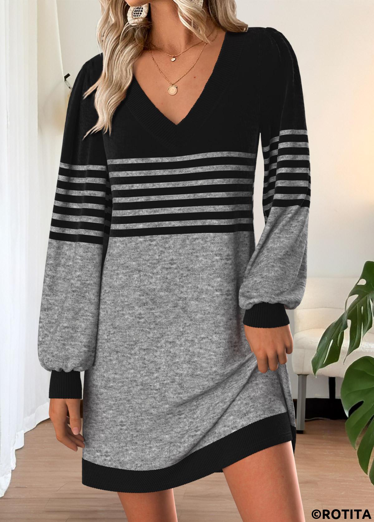 Grey dresses,Striped dresses,Geometric dresses,Everyday dresses,Casual dresses,ROTITA Tummy Coverage Striped Grey Short V Neck Dress
