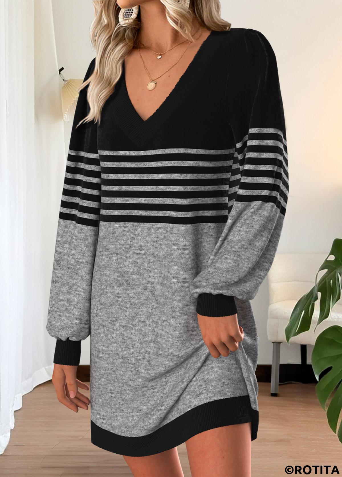 Grey dresses,Striped dresses,Geometric dresses,Everyday dresses,Casual dresses,ROTITA Tummy Coverage Striped Grey Short V Neck Dress