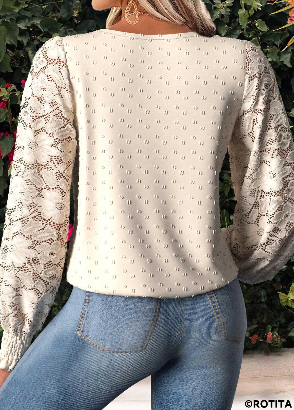 Beige tops,Plain Color tops,ROTITA Tummy Coverage Beige Round Neck Long Sleeve Blouse