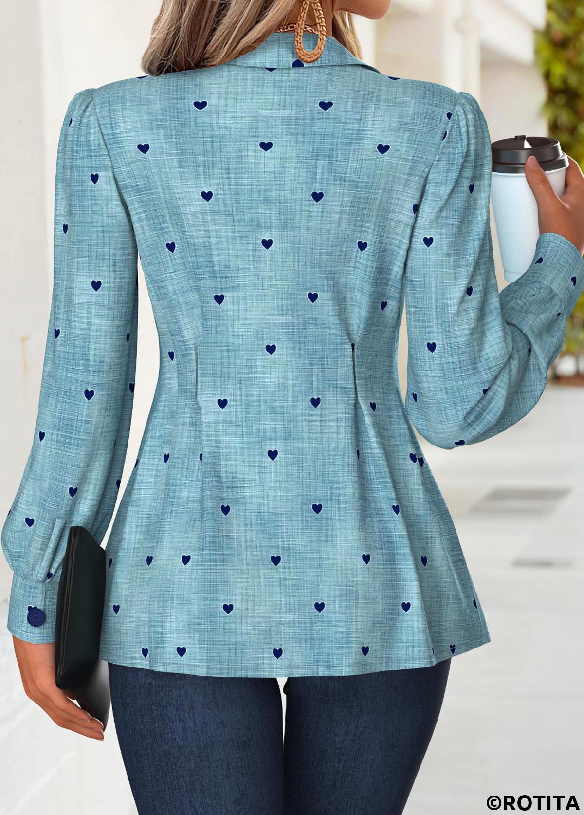 Denim Blue tops,Denim-Effect Print tops,ROTITA Peplum Denim-effect Print Denim Blue Turn Down Collar Shirt