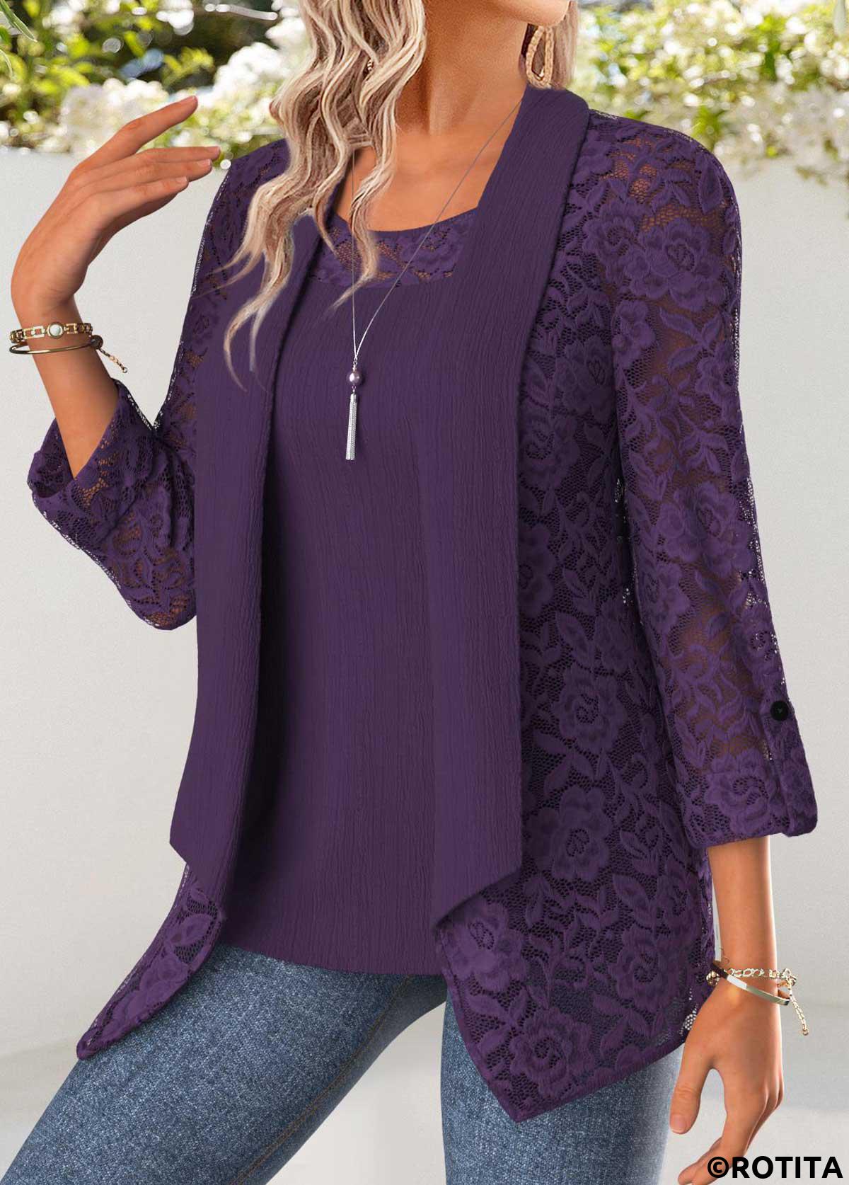 Purple tops,Plain Color tops,ROTITA Tummy Coverage Purple Square Neck Cardigan and Tank Top