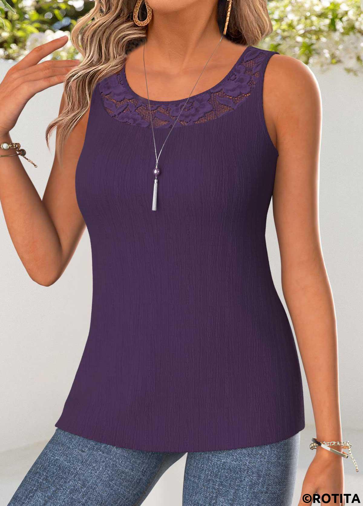 Purple tops,Plain Color tops,ROTITA Tummy Coverage Purple Square Neck Cardigan and Tank Top
