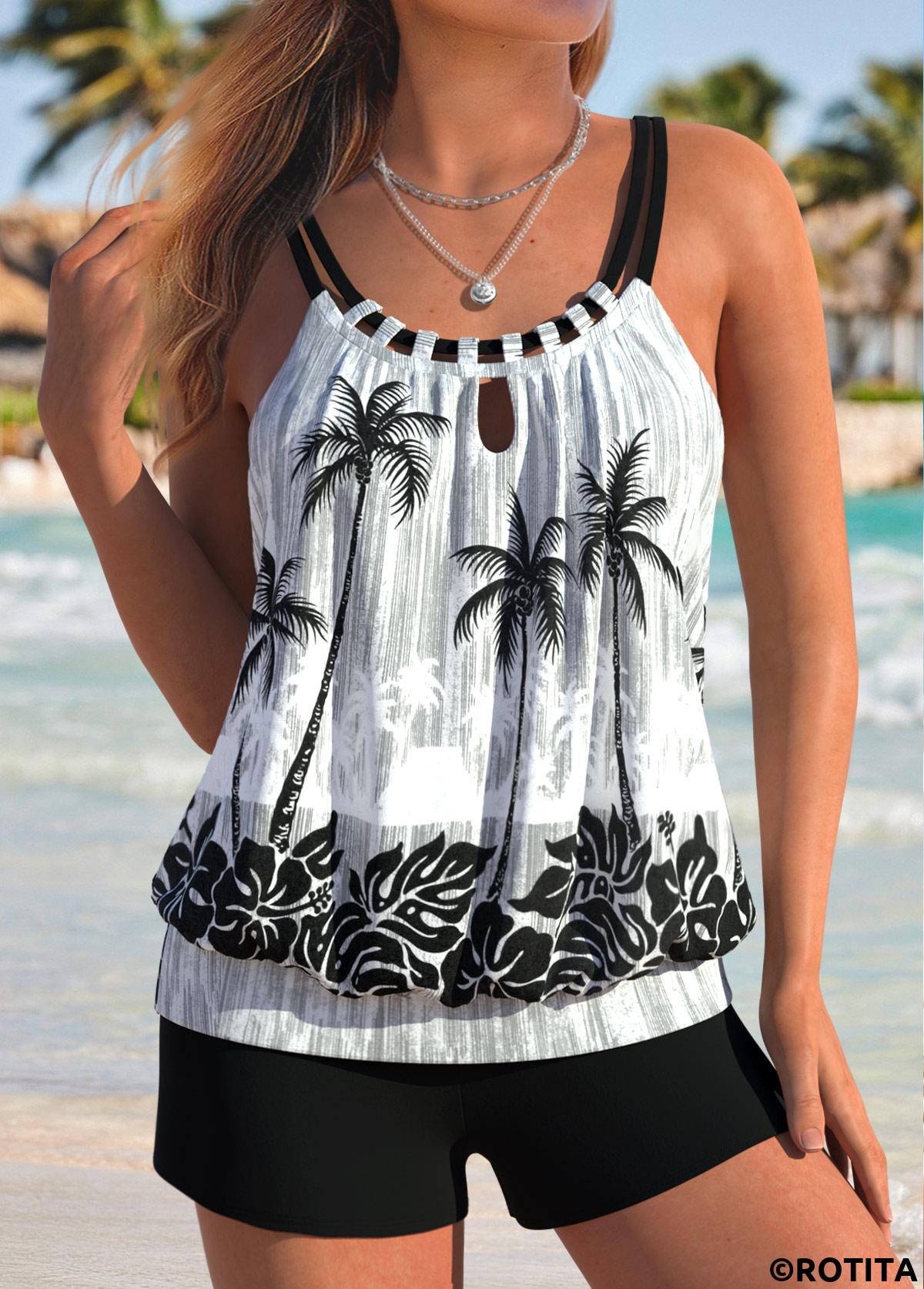 Black swimwear,Plants swimwear,ROTITA Tummy Coverage Black Tropical Plants Print Tankini Top