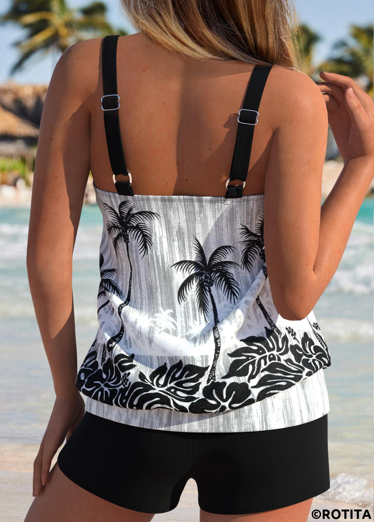 Black swimwear,Plants swimwear,ROTITA Tummy Coverage Black Tropical Plants Print Tankini Top