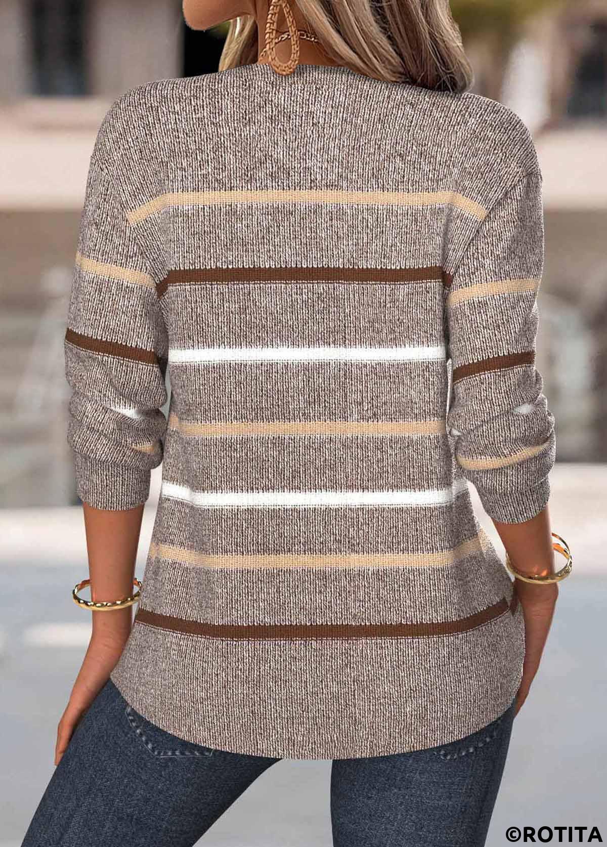 Gray Brown tops,Striped tops,Geometric tops,ROTITA Tummy Coverage Multi Stripe Print Gray Brown Sweatshirt