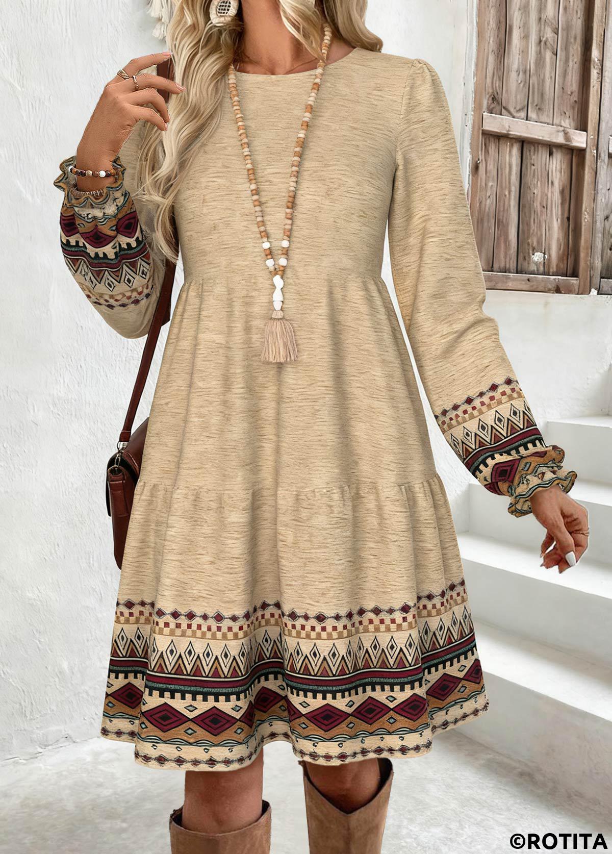 Light Camel dresses,Tribal dresses,Everyday dresses,Casual dresses,ROTITA Tummy Coverage Tribal Print Light Camel Round Neck Dress