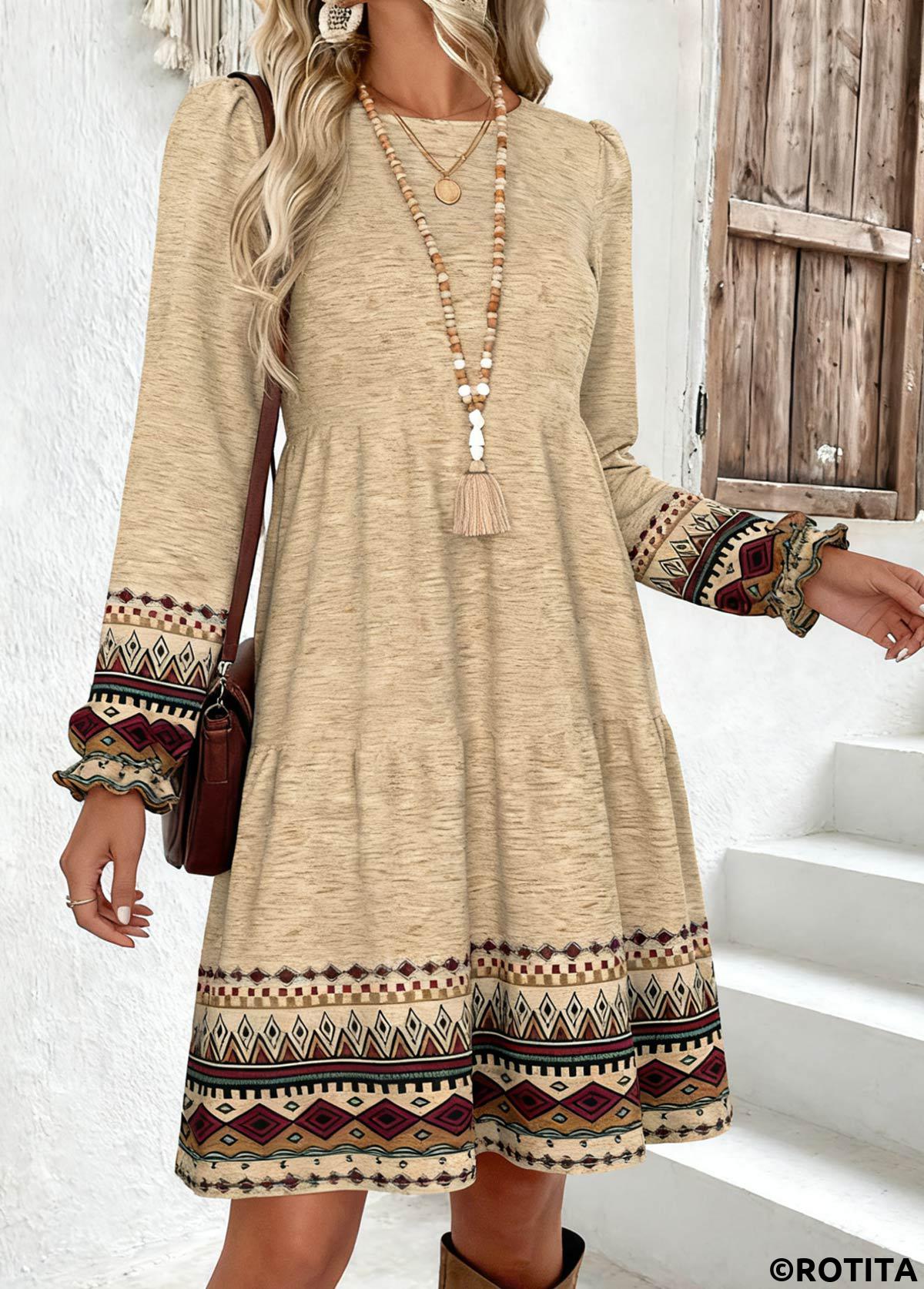 Light Camel dresses,Tribal dresses,Everyday dresses,Casual dresses,ROTITA Tummy Coverage Tribal Print Light Camel Round Neck Dress