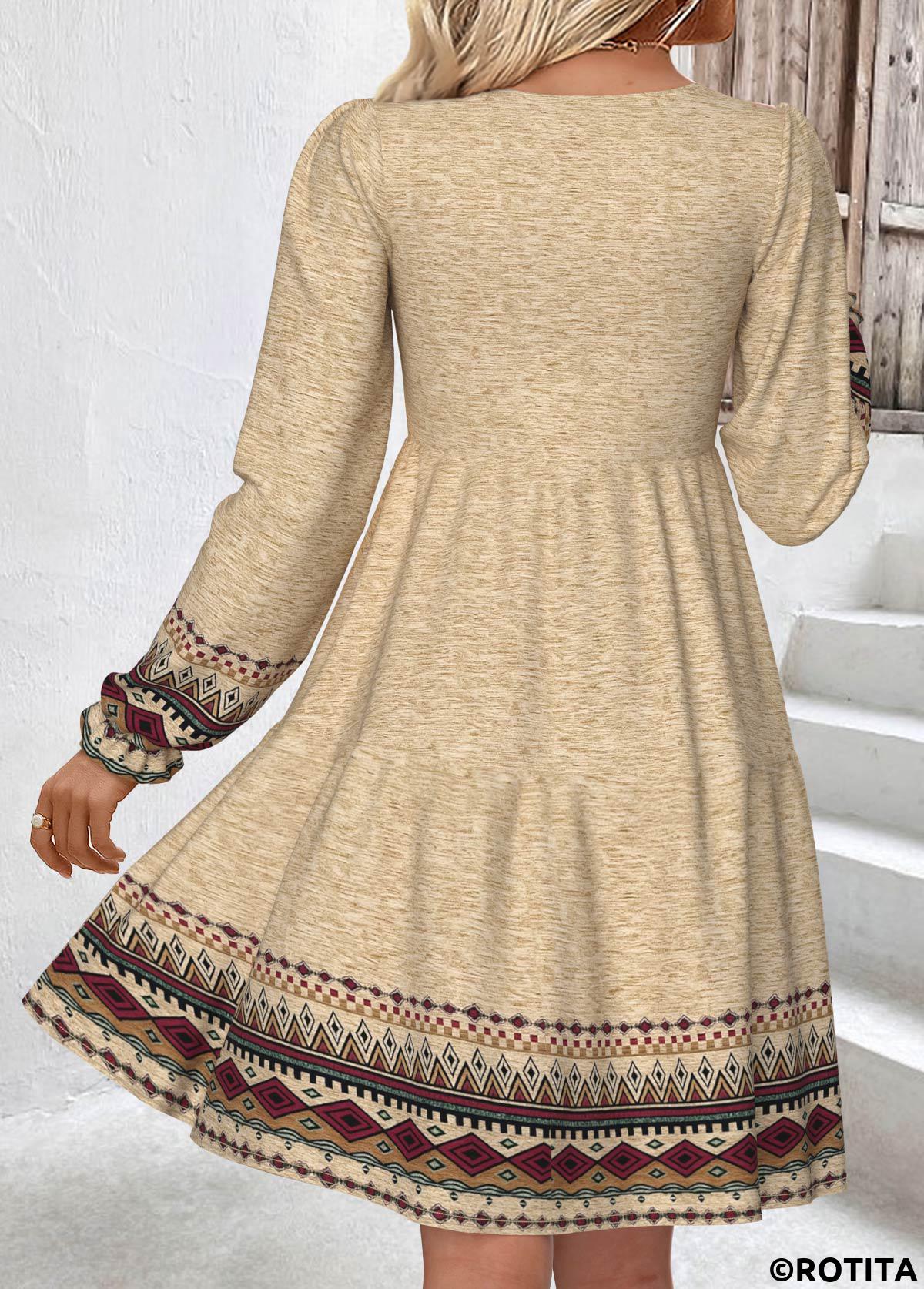 Light Camel dresses,Tribal dresses,Everyday dresses,Casual dresses,ROTITA Tummy Coverage Tribal Print Light Camel Round Neck Dress