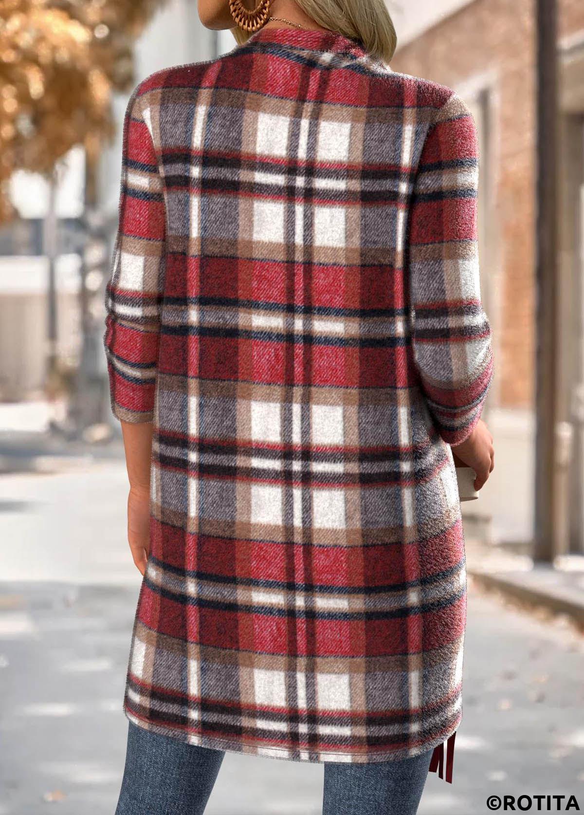 Red tops,Plaid tops,Geometric tops,ROTITA Tummy Coverage Plaid Red Draped Neck Long Sleeve Coat