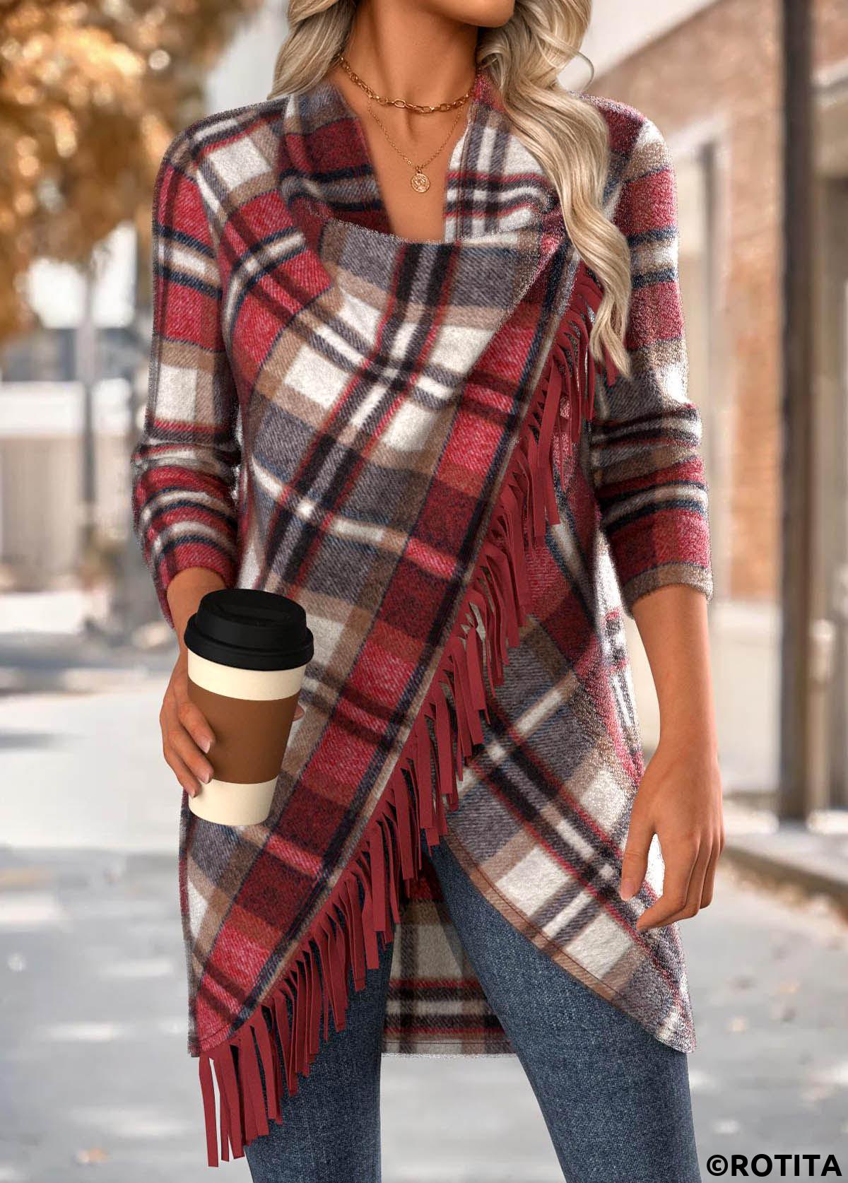 Red tops,Plaid tops,Geometric tops,ROTITA Tummy Coverage Plaid Red Draped Neck Long Sleeve Coat