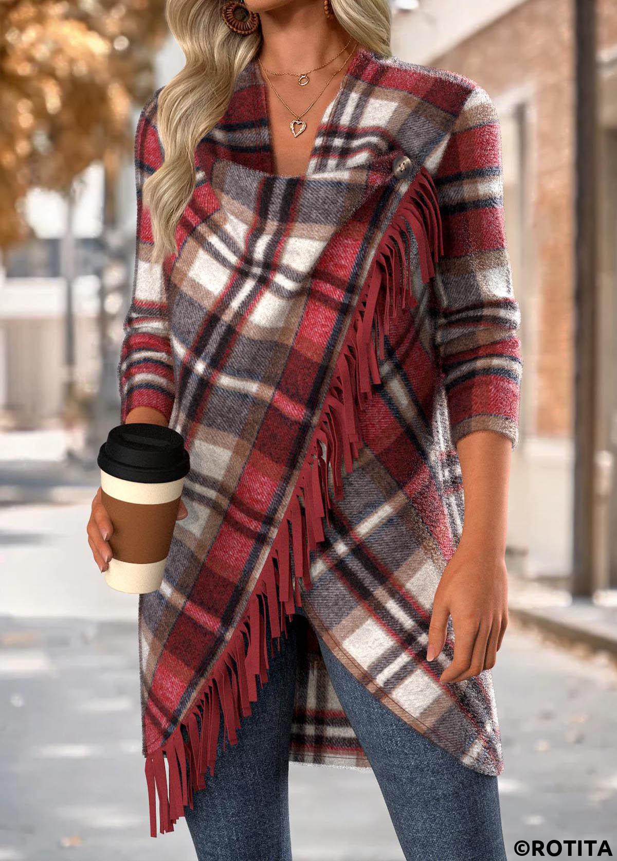 Red tops,Plaid tops,Geometric tops,ROTITA Tummy Coverage Plaid Red Draped Neck Long Sleeve Coat