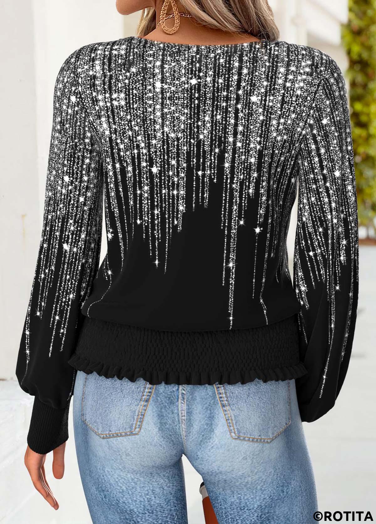 Black tops,Dazzle Colorful tops,ROTITA Tummy Coverage Dazzle Colorful Print Black T Shirt