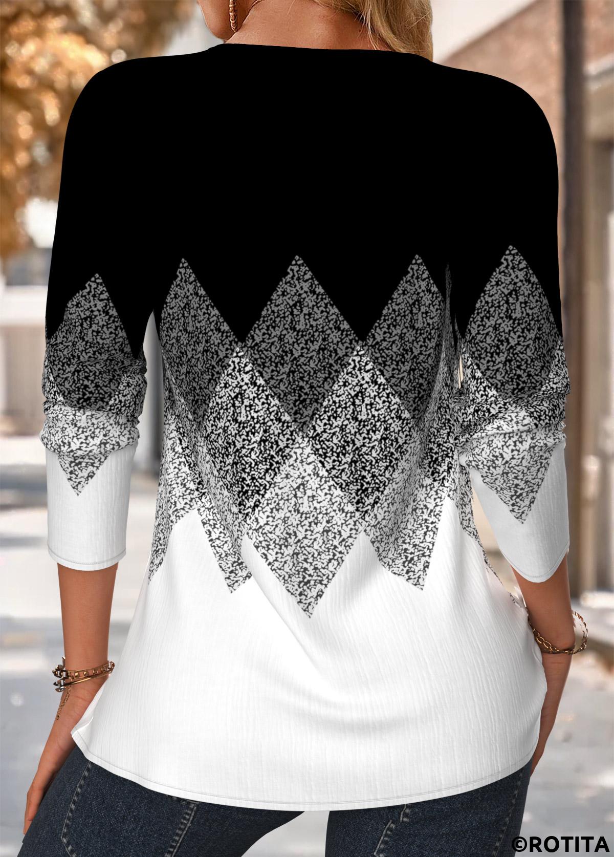 Black tops,Geometric tops,ROTITA Tuck Stitch Geometric Print Black Split Neck Blouse