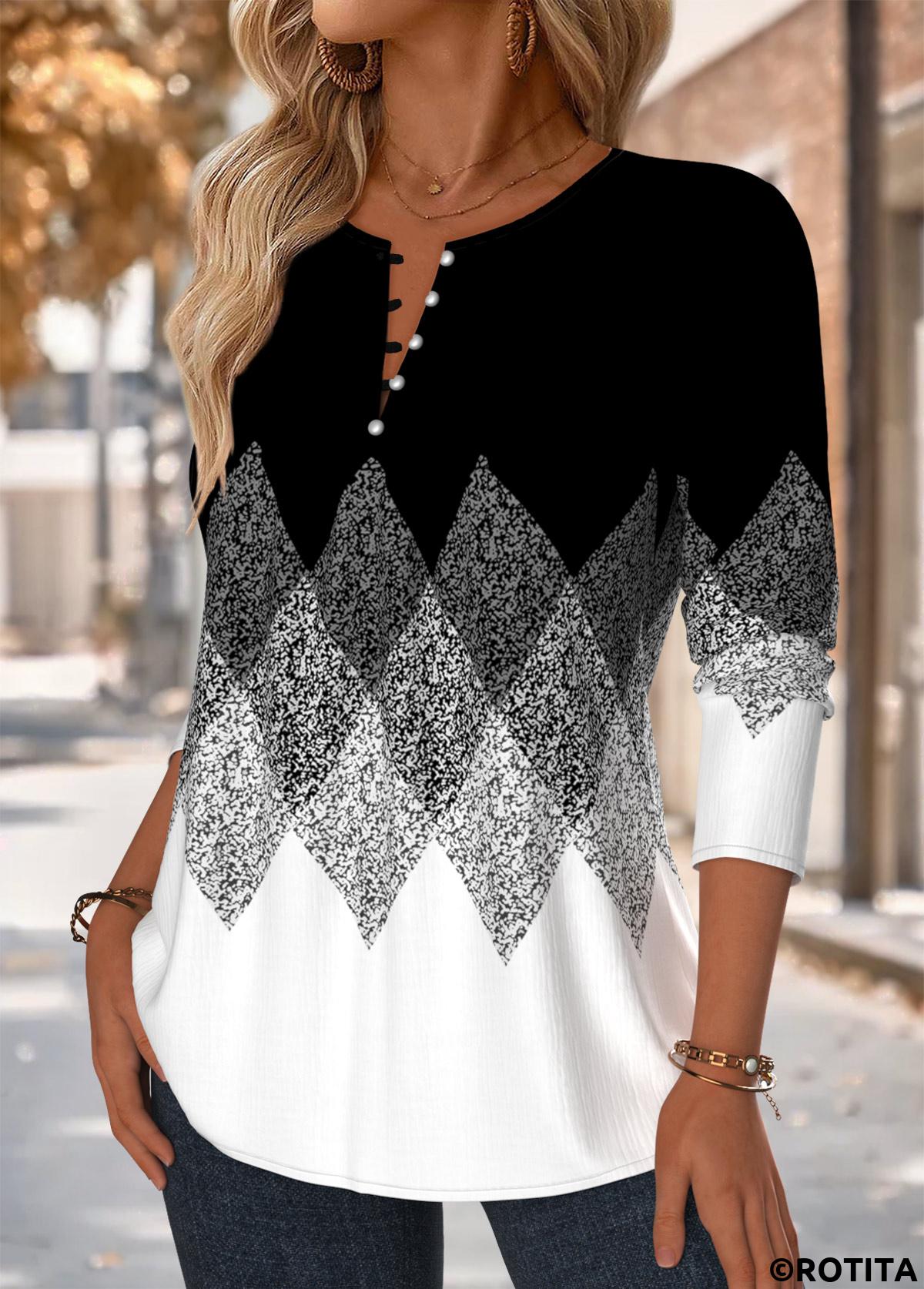 Black tops,Geometric tops,ROTITA Tuck Stitch Geometric Print Black Split Neck Blouse