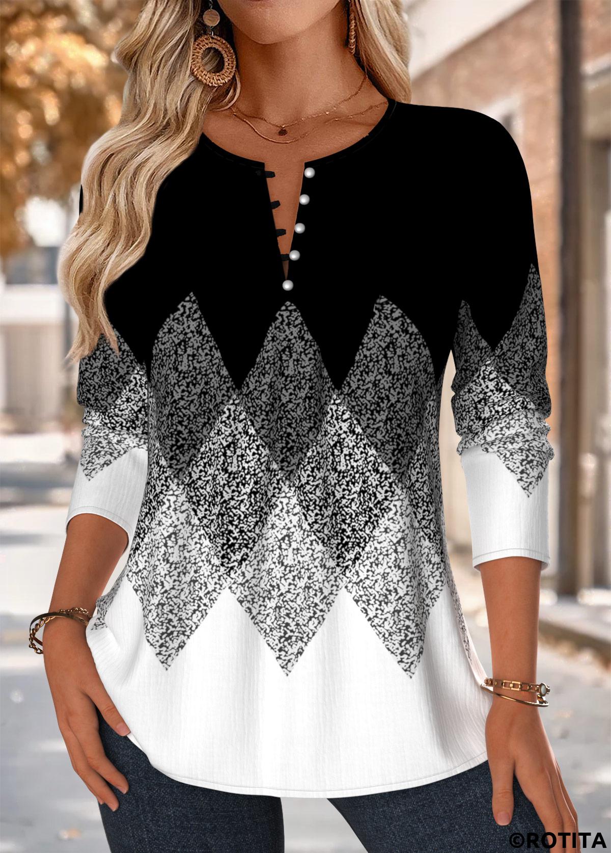 Black tops,Geometric tops,ROTITA Tuck Stitch Geometric Print Black Split Neck Blouse