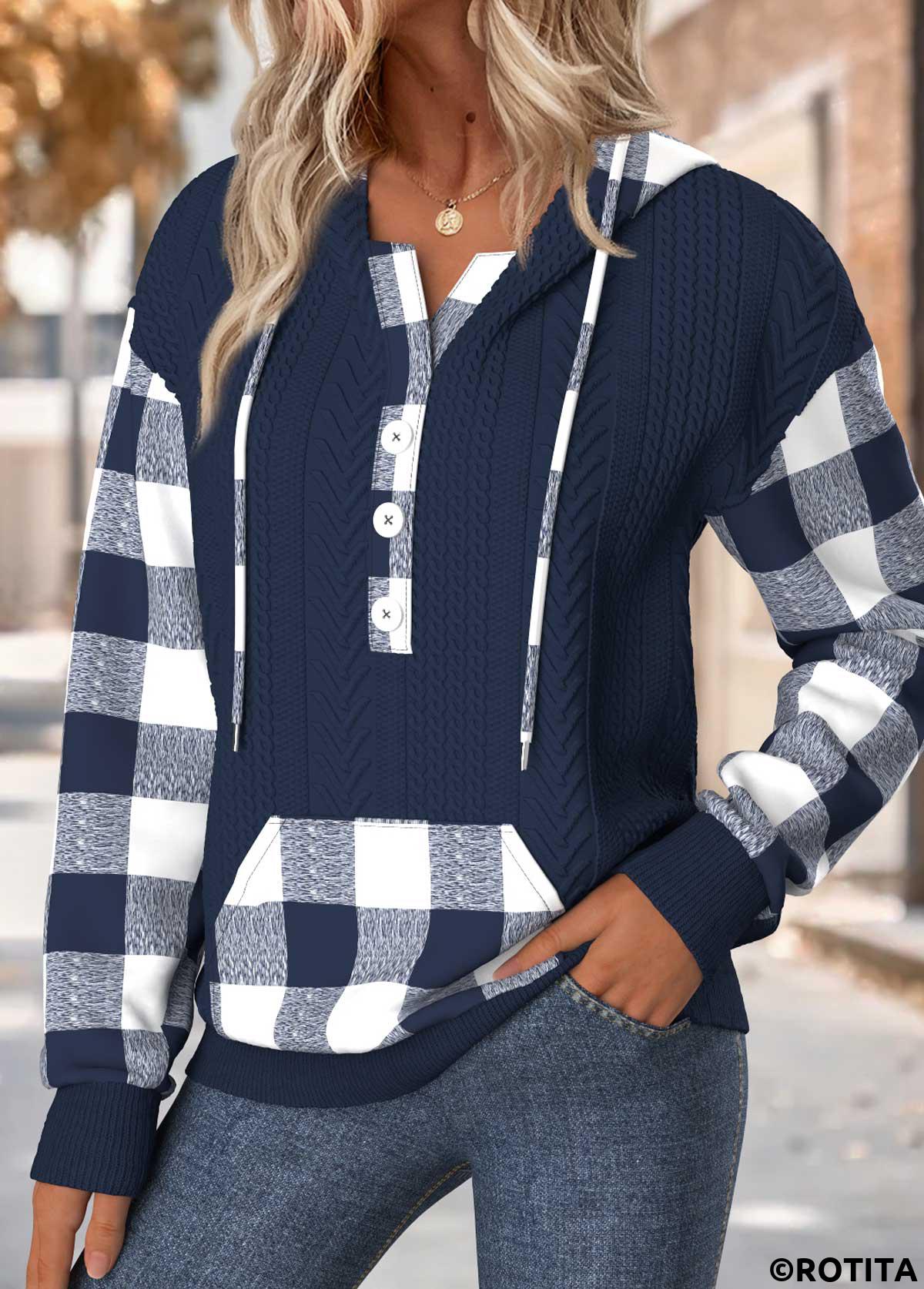 Navy tops,Plaid tops,Geometric tops,ROTITA Tummy Coverage Plaid Navy Long Sleeve Hoodie