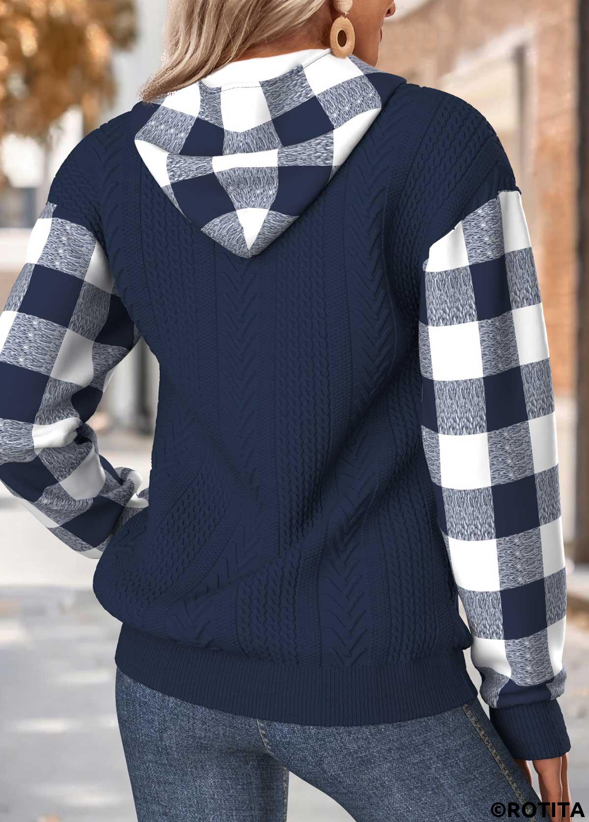 Navy tops,Plaid tops,Geometric tops,ROTITA Tummy Coverage Plaid Navy Long Sleeve Hoodie