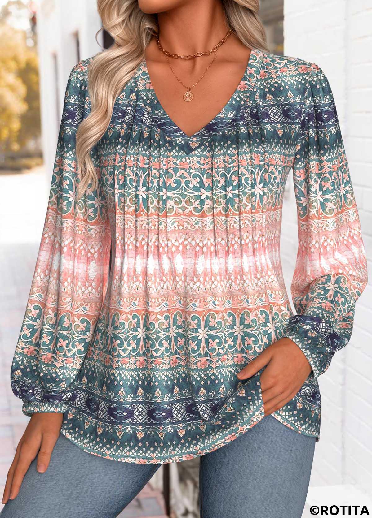 Multi Color tops,Tribal tops,ROTITA Tummy Coverage Tribal Print Multi Color V Neck Blouse