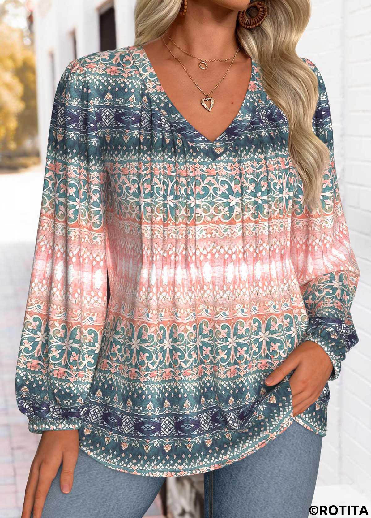 Multi Color tops,Tribal tops,ROTITA Tummy Coverage Tribal Print Multi Color V Neck Blouse