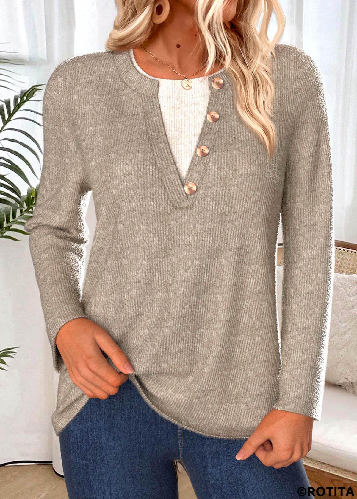 Gray Brown tops,Contrast Color tops,ROTITA Tummy Coverage Gray Brown Split Neck T Shirt